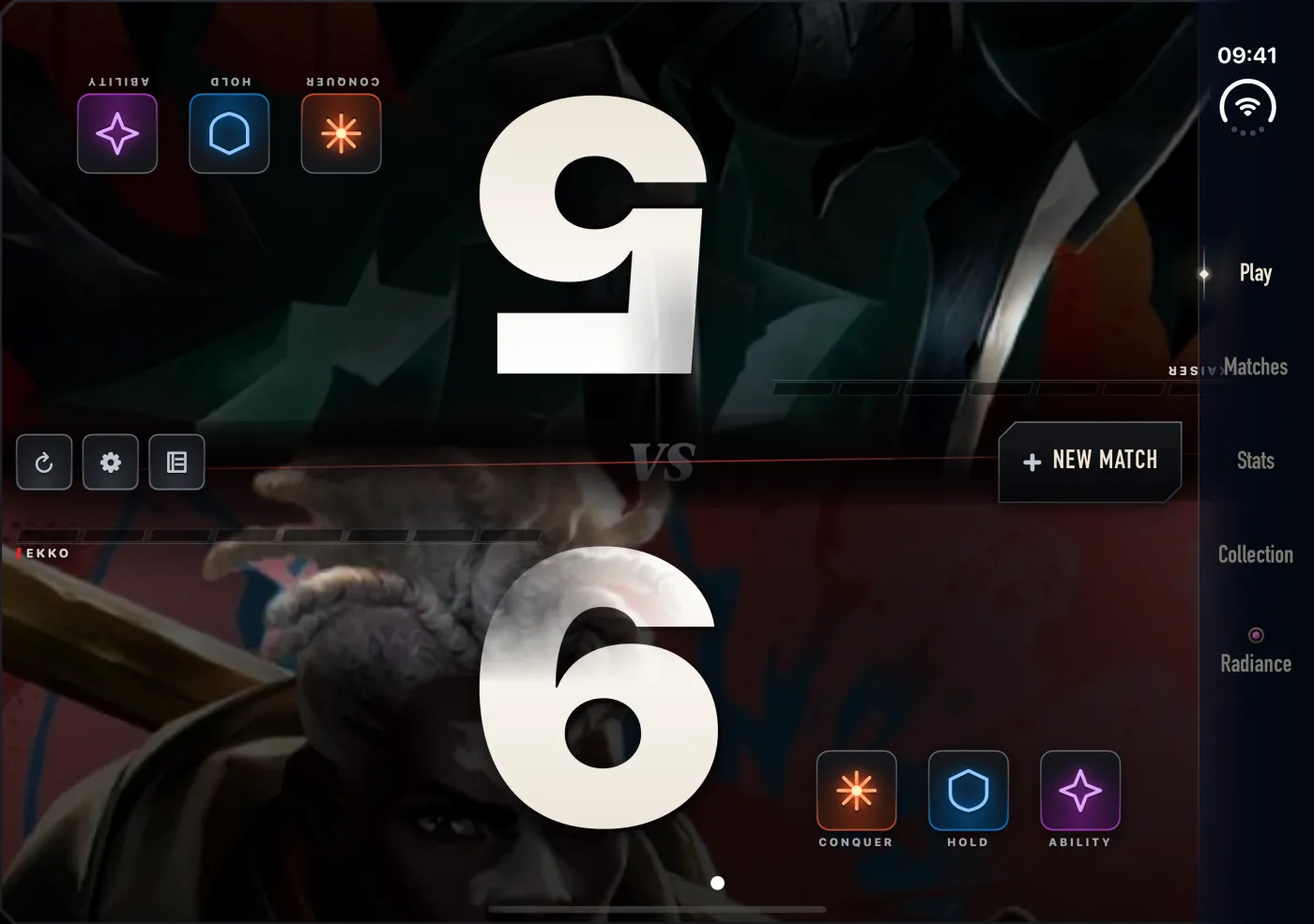 The Aethos score board on an unfolded iPhone Duo at 6 to 5: Ekko's half at the bottom, Mordekaiser's half upside down at the top, Conquer, Hold and Ability in the corners and the tabs in a rail beside the board