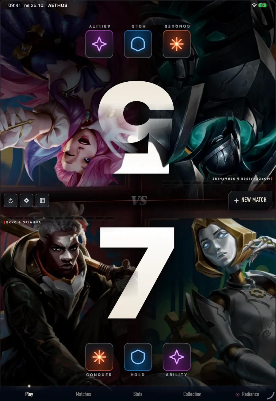 A Riftbound 2v2 game on iPad in Aethos: Ekko and Orianna's team at 7 on the bottom half, Mordekaiser and Seraphine's team at 5 upside down on the top half, each half showing both teammates' Legends with Conquer, Hold and Ability