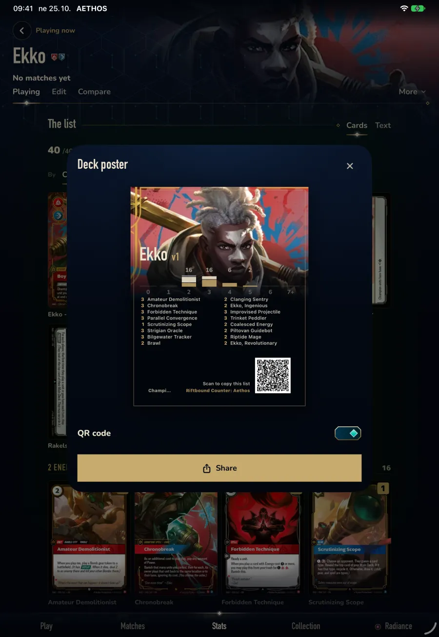 The deck poster in Aethos on iPad for an Ekko deck, version 1: Ekko's art, the energy curve, the main deck in two columns and a QR code with Scan to copy this list, with the QR code switch on and a Share button