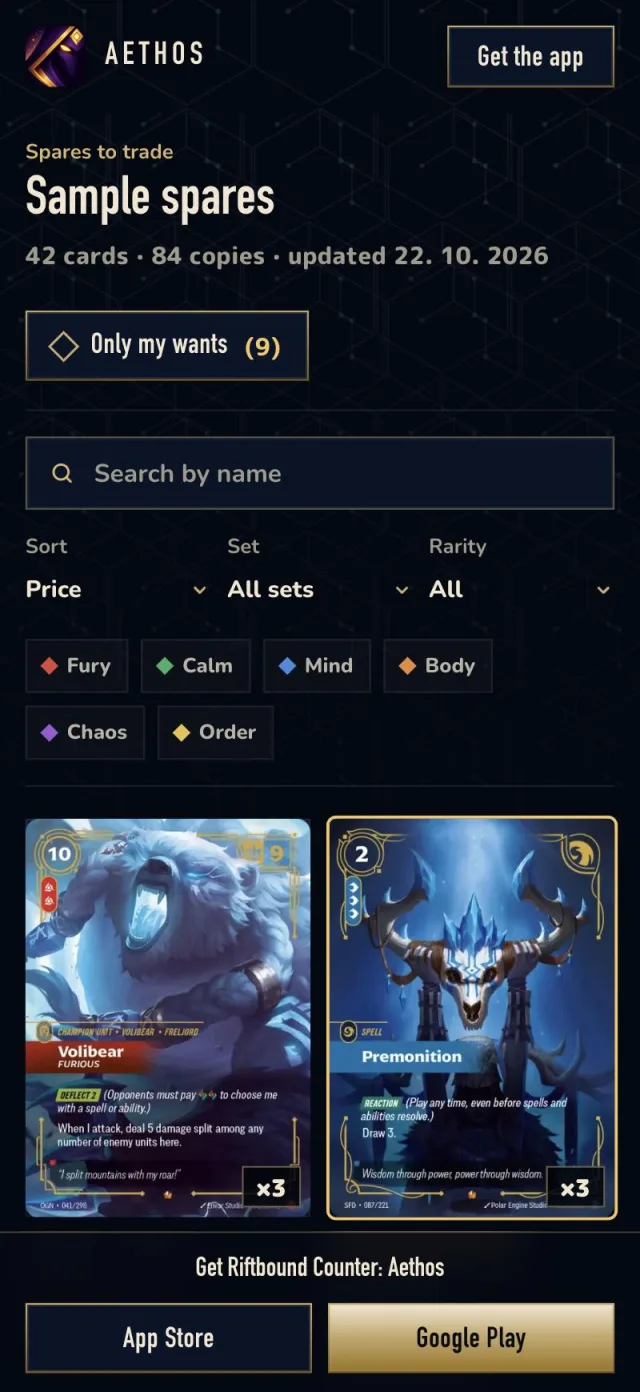 A shared Riftbound spares page on a phone: 42 cards, 84 copies, search, sort by price, set, rarity and domain filters, and card art with copy counts