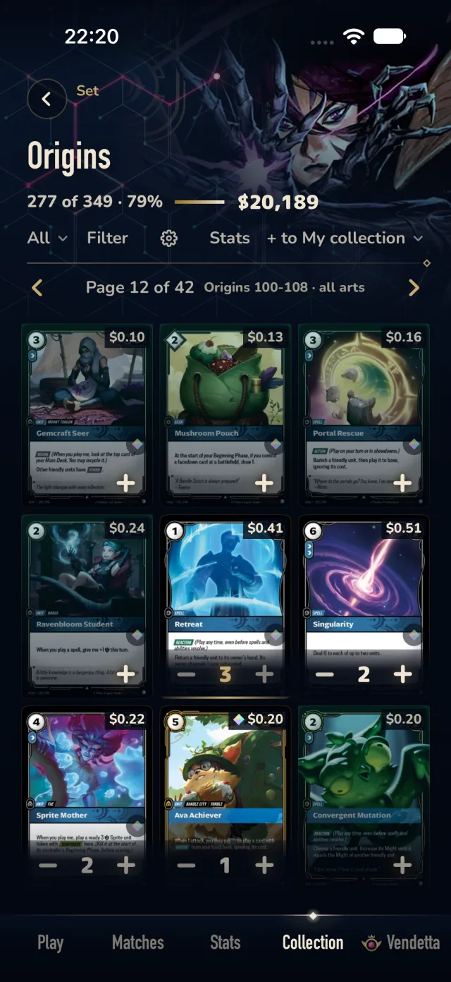 Aethos collection: the Origins set in binder page order, 277 of 349 owned, with card prices