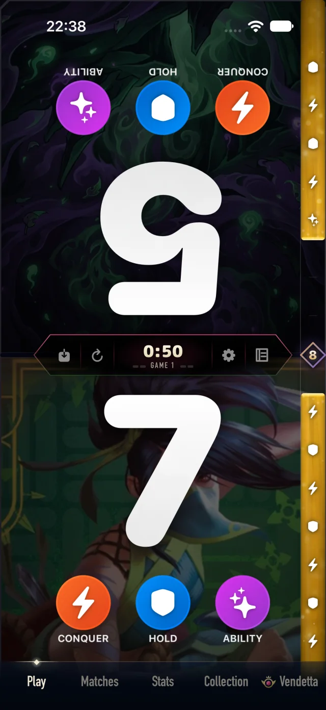 The Aethos score board mid-game, 7 to 5 in game 1: each half faces its player, with Conquer, Hold and Ability buttons