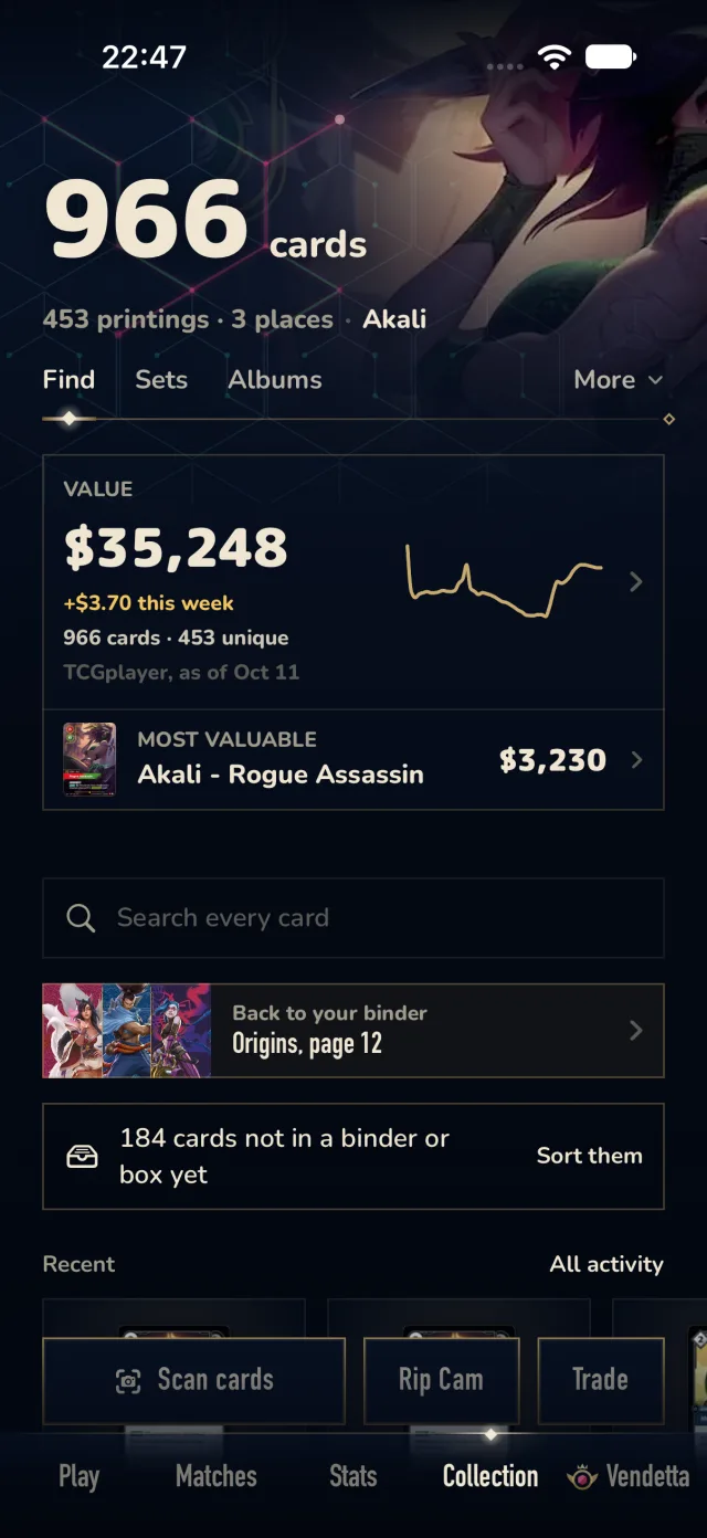Aethos collection: 966 cards in 3 places, worth $35,248 by TCGplayer prices, with the most valuable card
