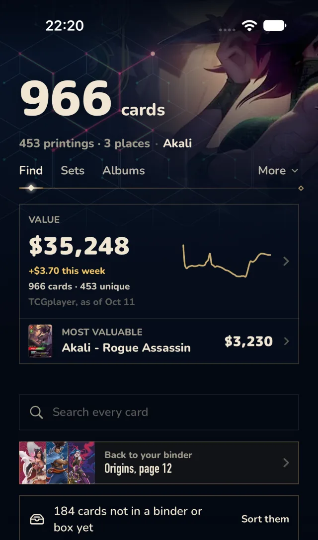 The collection home with its value and the most valuable card