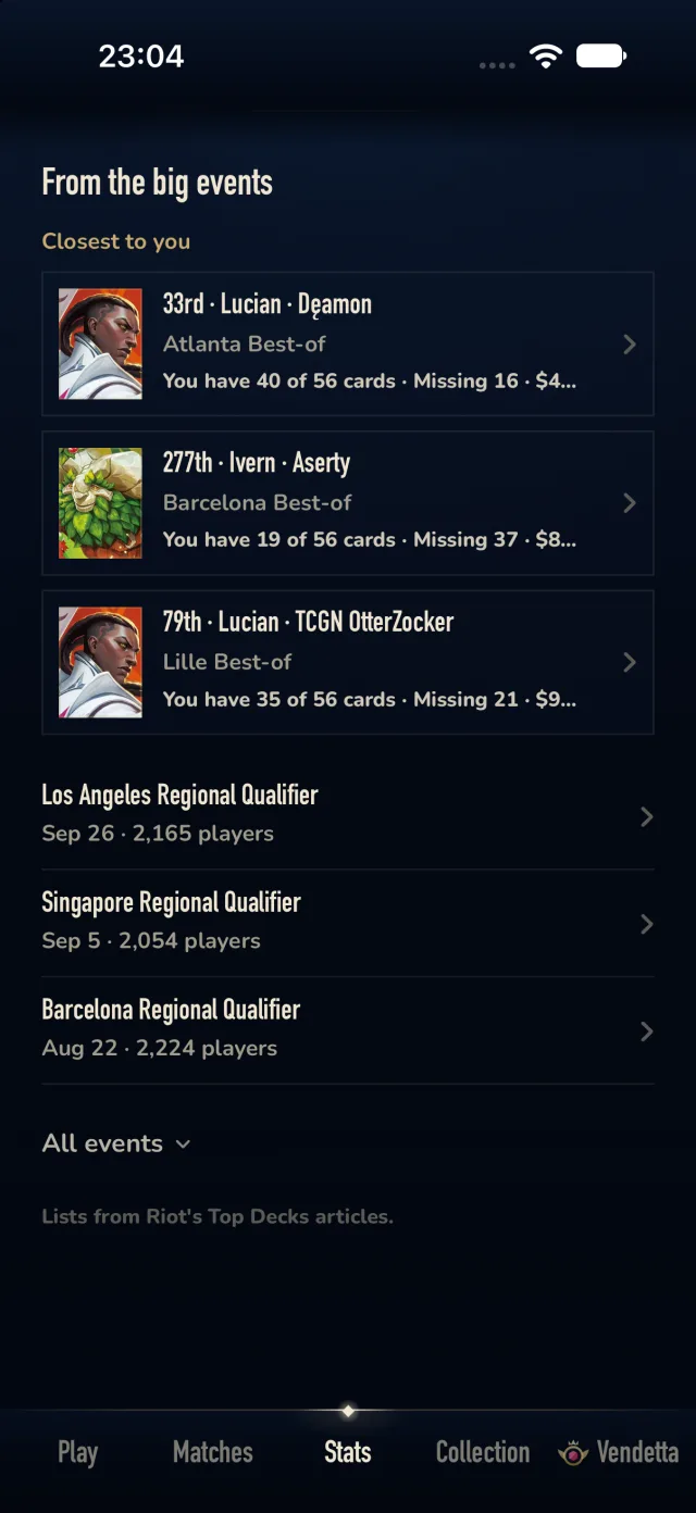 Event decklists with how many of the cards you own and the cost of the rest