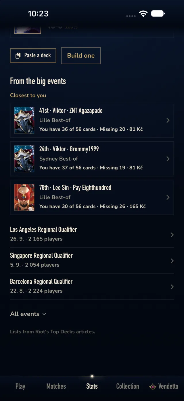 The Aethos Decks screen: Paste a deck and Build one, then From the big events, with three decklists closest to the player's cards (You have 36 of 56 cards, Missing 20) and the Los Angeles, Singapore and Barcelona Regional Qualifiers