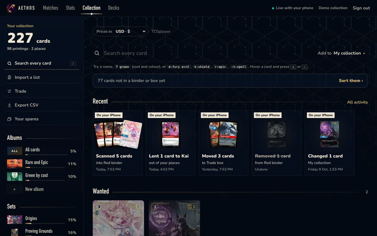 The Aethos web app: a Riftbound collection with recent activity from the phone