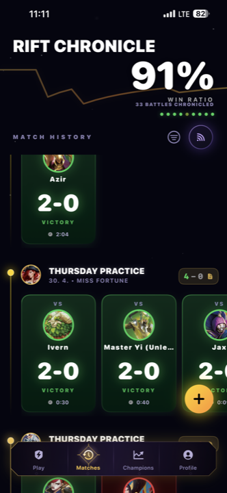 Aethos Riftbound match history archive screen