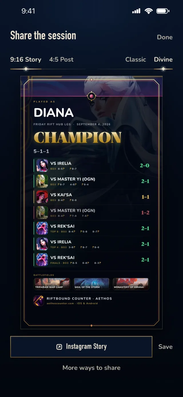 A shareable event card with a 5-1-1 record, round by round